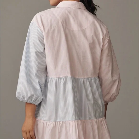 Two-Tone Pastel Pink & Blue  Bettina Stripe Mix Tiered Mini Shirt Dress by Maeve - Picture 6 of 6